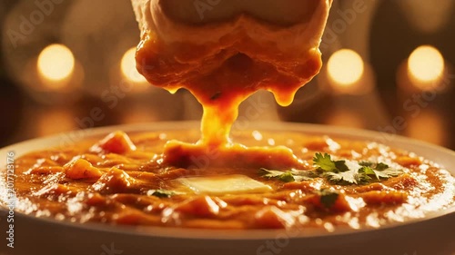 Dipping soft pav into spicy mashed vegetables with melting butter in a warm restaurant setting.