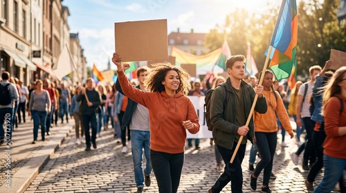 Diverse activists marching in labor day parade on sunny cobblestone street. Social justice and workers rights demonstration with colorful flags