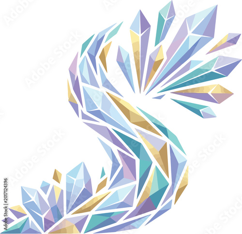 Crystals form a sharp S shaped flow that glimmers with soft pastel tones.