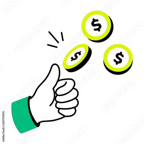 Flat icon of a hand receiving coin tips.