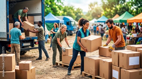 Group of diverse volunteers including men and women unloading cardboard boxes from delivery truck. Community support and volunteering concept for helping those in need
