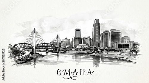 Omaha skyline silhouette featuring riverfront bridges and downtown towers, elegant black and white ink drawing, stylish typography below reading 