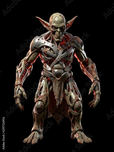 Horror biomechanical goblin monster with glowing red veins standing menacingly against black background