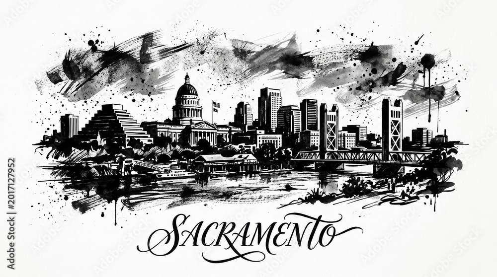 Obraz premium Sacramento skyline silhouette featuring State Capitol dome and riverfront buildings, artistic black and white ink illustration, elegant lettering below reading