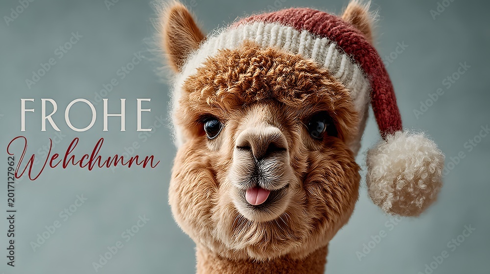 Obraz premium Alpaca wearing Santa hat with German Christmas greeting