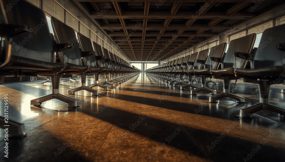 Fototapeta premium Empty Airport Waiting Room Rows of Seats with Dramatic Lighting