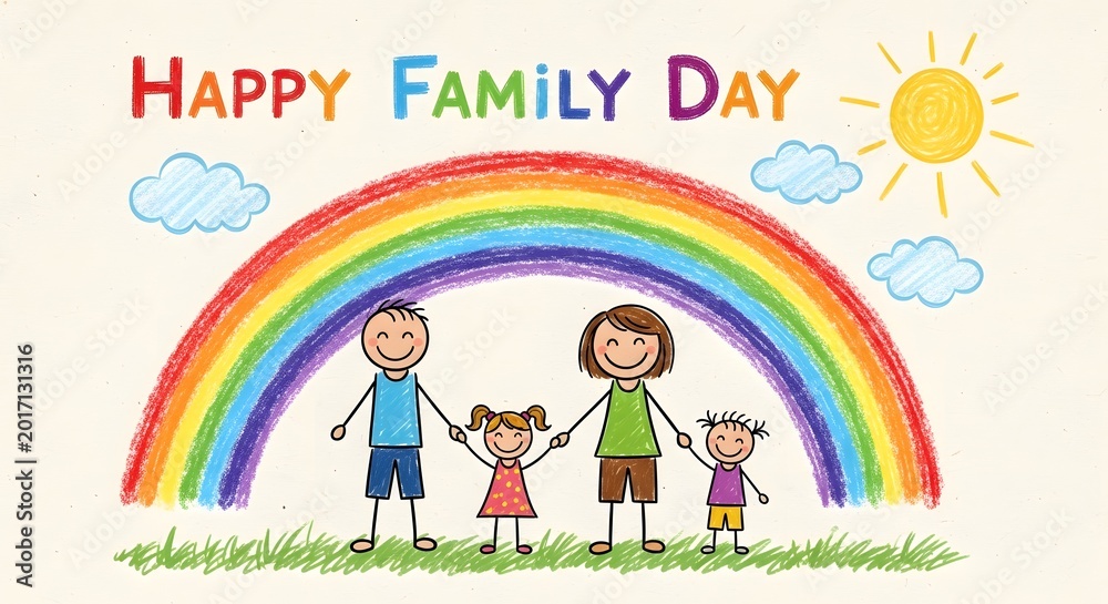 Fototapeta premium Happy family day celebration with rainbow and smiling family