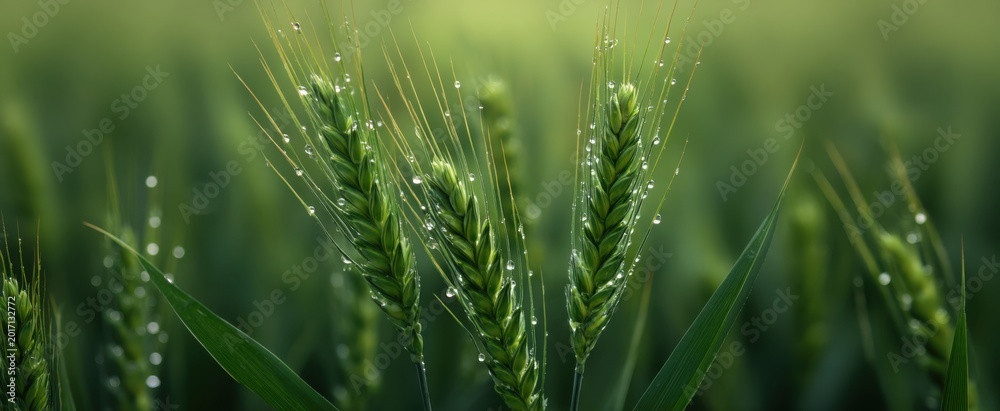 Fototapeta premium Dew-covered wheat stalks glisten in morning light against a lush agricultural field backdrop.