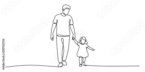 Father and daughter walking together continuous one line drawing