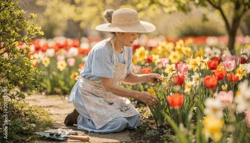 Senior East Asian woman wearing a straw hat and floral apron tending to colorful tulips and daffodils in a sunny spring garden, enjoying a peaceful outdoor hobby, nature, and active retirement life.