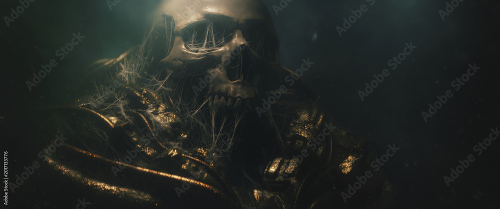 Obraz premium Cinematic 3d render of a human skull in golden sci-fi grunge armor covered in spider webs. Volumetric lighting, mist and dust. Ancient alien civilization artifact in dark fantasy gloomy atmosphere.