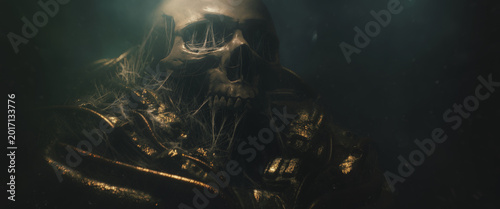 Photos Cinematic 3d render of a human skull in golden sci-fi grunge armor covered in spider webs