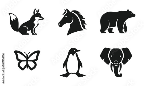 Foto 6 Wild Animal Silhouette Icons Fox Horse Bear Butterfly Penguin Elephant, Solid