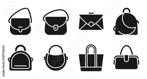 Tableau sur toile 8 Handbag Silhouette Icons Purse Backpack Tote Clutch, Solid Black Style, Fashio