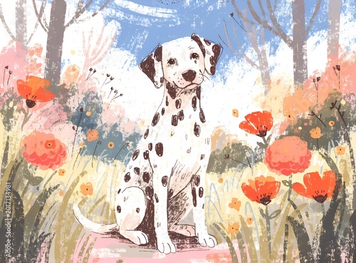 A charming textured illustration of a Dalmatian sitting calmly in a dreamy flower-filled meadow with soft trees and pastel spring colors. 