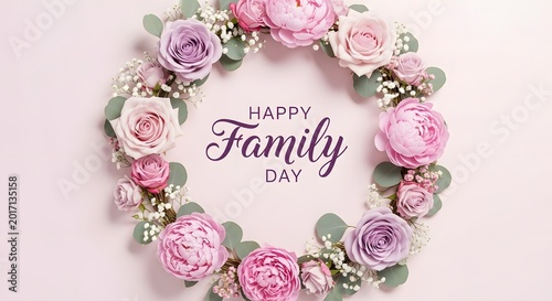 Happy family day floral wreath pink roses and peonies celebration