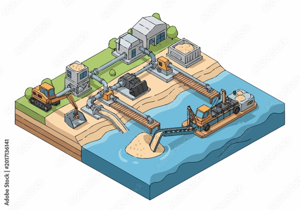 Obraz premium Industrial water treatment plant with heavy machinery and construction.