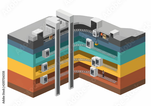 Foto Cross section of underground tunnel construction with elevators.