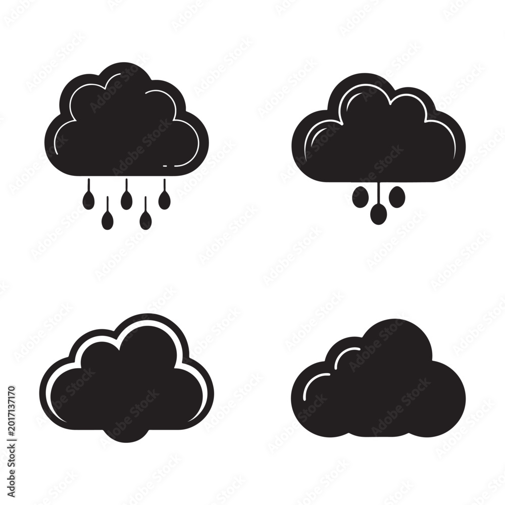 Obraz premium Set of black cloud icons in different shapes and sizes with rain drops weather forecast symbols