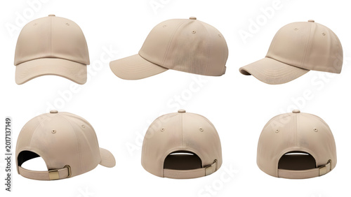 Set of beige baseball caps in different angles isolated on black background