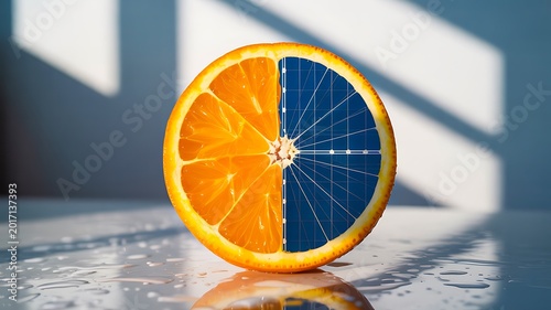 Orange fruit with solar panel concept representing renewable energy innovation
