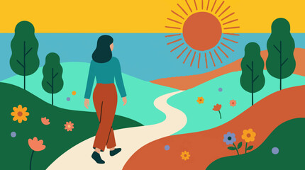 Gordijnen Koraalgroen Minimalist illustration of a woman walking on a path in a vibrant nature landscape  © Glypho