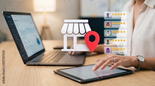 Business owner managing local store reputation and customer reviews on digital devices