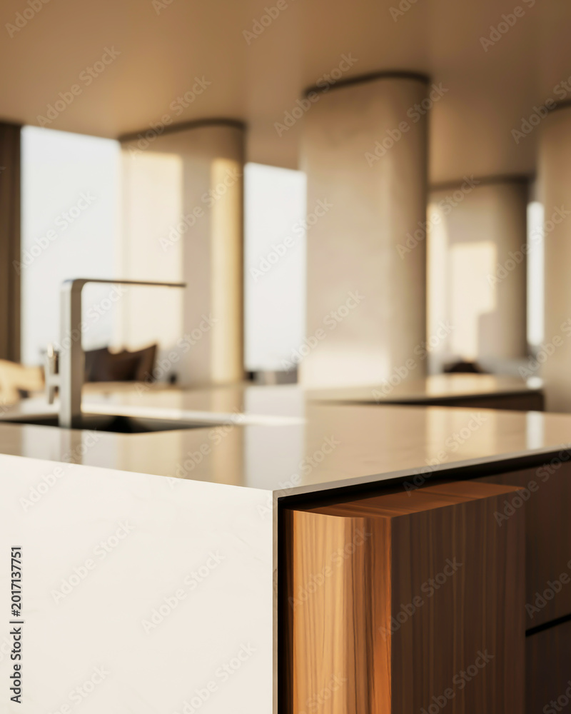 Fototapeta premium A serene kitchen interior with modern faucet and wooden accents