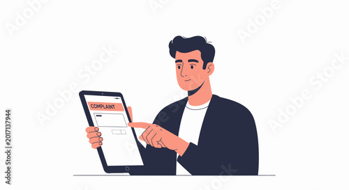 Man filling online complaint form on tablet device, digital submission