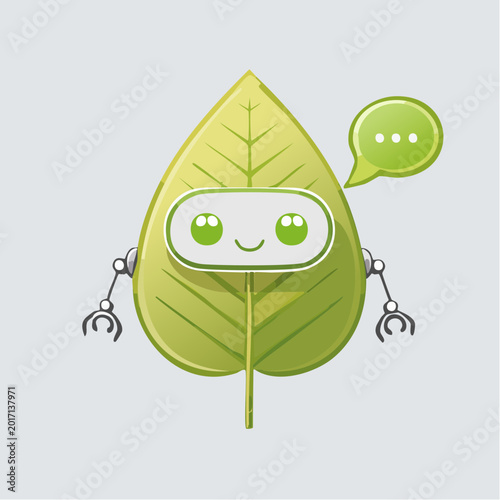 Cute Leaf Robot Character with Speech Bubble