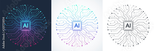 Modern handmade vector icon, sign, logo circuit line style in the Artificial intelligence concept. Set AI processor icon flat design. Motherboard digital chip AI.