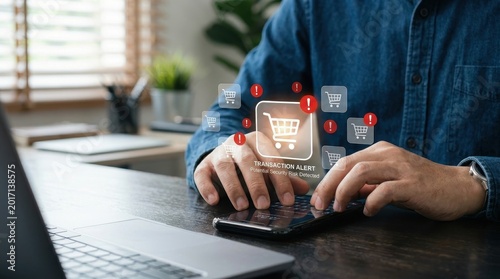 Man receiving online transaction security risk alert on smartphone
