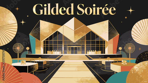 Foto A luxurious golden geometric building illuminated at night for a Gilded Soirée event, with elegant decorations and a grand entrance