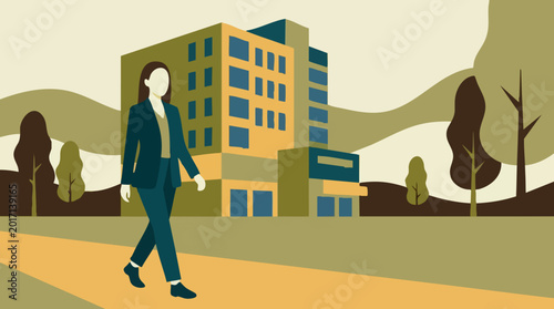 Businesswoman Walking in Stylized Urban Landscape with Office Building