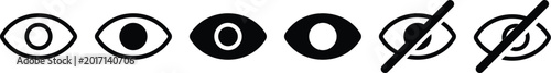 Foto Black line art of human eyes and eighth note symbols arranged in a row