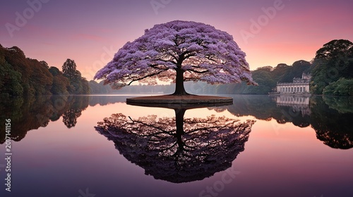 Commercial highly detailed landscape: frost-covered solitary tree on small island in still lake, perfect mirror reflection of pastel sky and tree. 