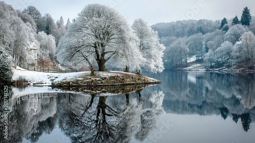 Solitary tree on small island in still lake, frosty delicate branches and dark trunk, mirror reflection of pastel sky, distant mist. 