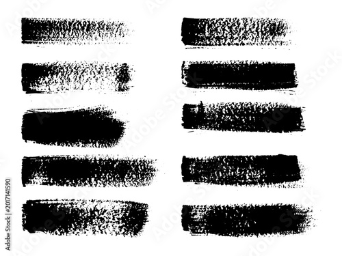 Set of vector black grunge brush strokes isolated on white background. Distressed ink brush texture collection. Abstract grunge design