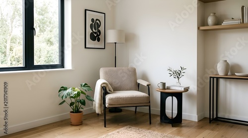 Cozy reading nook with armchair, decor, and natural light