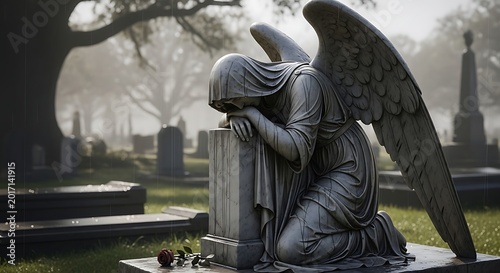 Mourning Stone Angel Statue Kneeling Beside Grave in Misty Cemetery