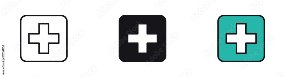 Fototapeta premium Medical cross icon set. Healthcare and emergency aid concept. Outline, glyph and colored style. Vector illustration.