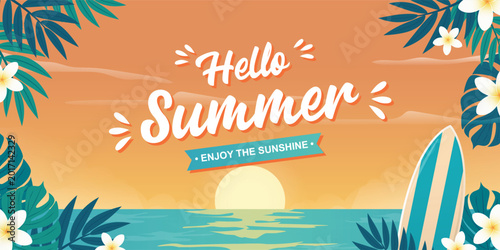 Canvas Print Summer Greetings: A vibrant summer scene unfolds, featuring the warm sun, a surfboard, and lush floral accents, inviting viewers to revel in the joy of the season