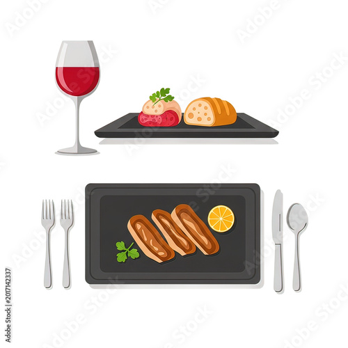 Sausages on a black plate with lemon.