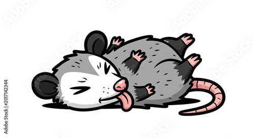 Cartoon Opossum Playing Dead with Tongue Sticking Out Illustration
