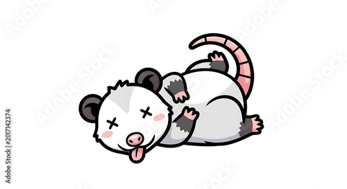 Cute cartoon opossum lying on its back with eyes X'd out and tongue sticking out
