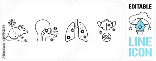Editable line icon set in a black simple and clean vector outline stroke for hantavirus symptoms, rodent virus transmission, respiratory lung infection and protective medical mask safety concept.