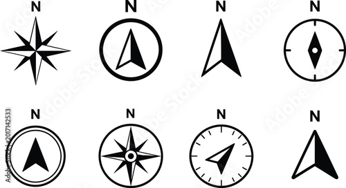 Foto Compass Rose and North Arrow Directional Icon Set
Navigation Symbols and Mapping Orientation Glyph Collection