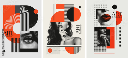 Cuadro en lienzo Stylish posters with halftone newspaper photo of womans and geometric shapes