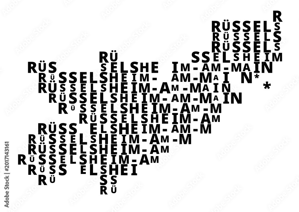 Fototapeta premium Typographic Map of the city Ruesselsheim am Main (Germany) with a pattern of capital letters that only show the name of the city