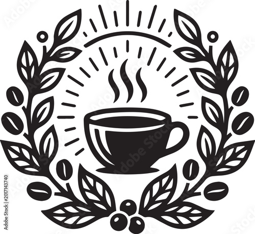 Free image downlod Black and white illustration of a steaming coffee cup within a circular wreath vector